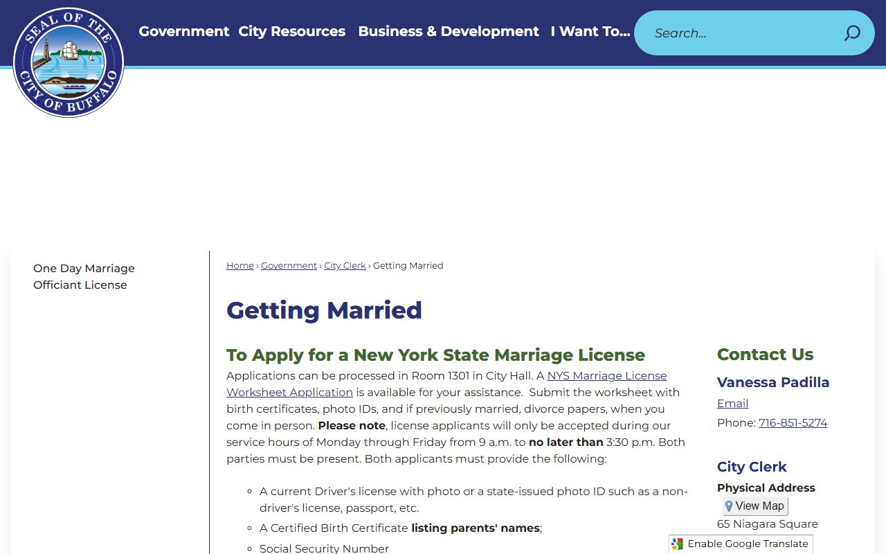 Buffalo marriage license information from Buffalo City Clerk website