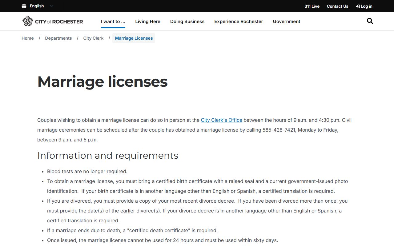 Rochester marriage license information from Rochester City Clerk website