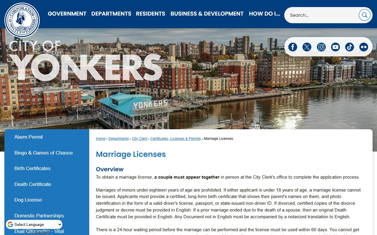 Yonkers marriage license information from Yonkers City Clerk website