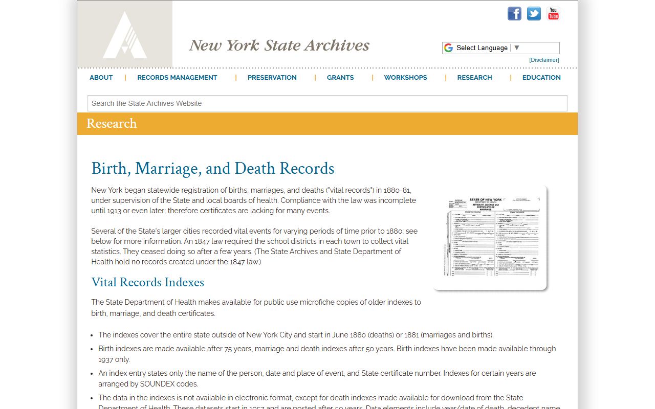 New York State Archives vital records page for marriage license indexes