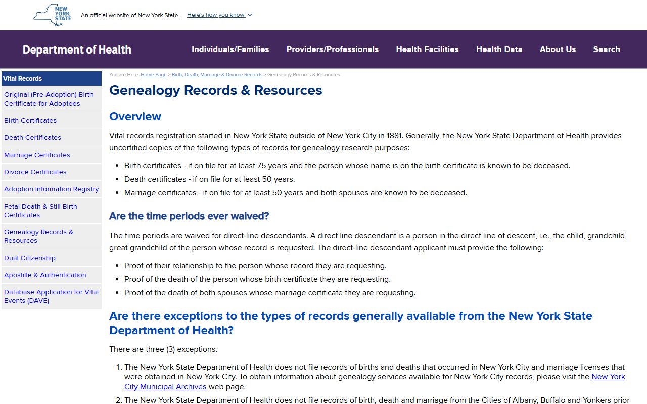 New York DOH genealogy records page for marriage license research