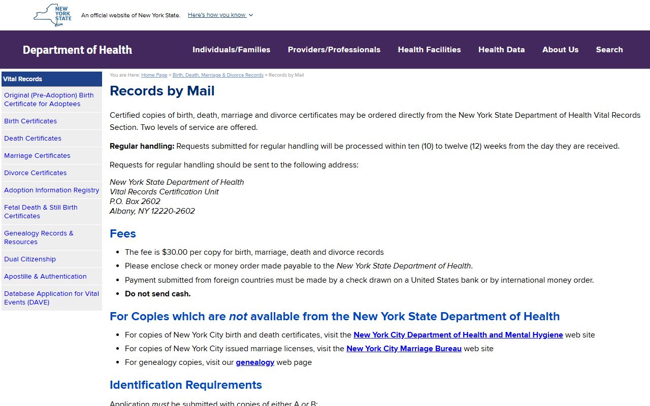 New York DOH mail request page for marriage license copies