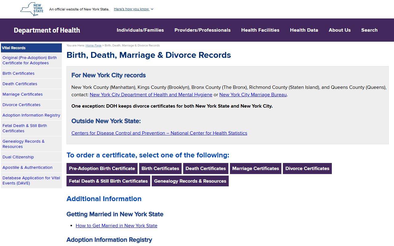 New York State DOH Vital Records page for marriage license records