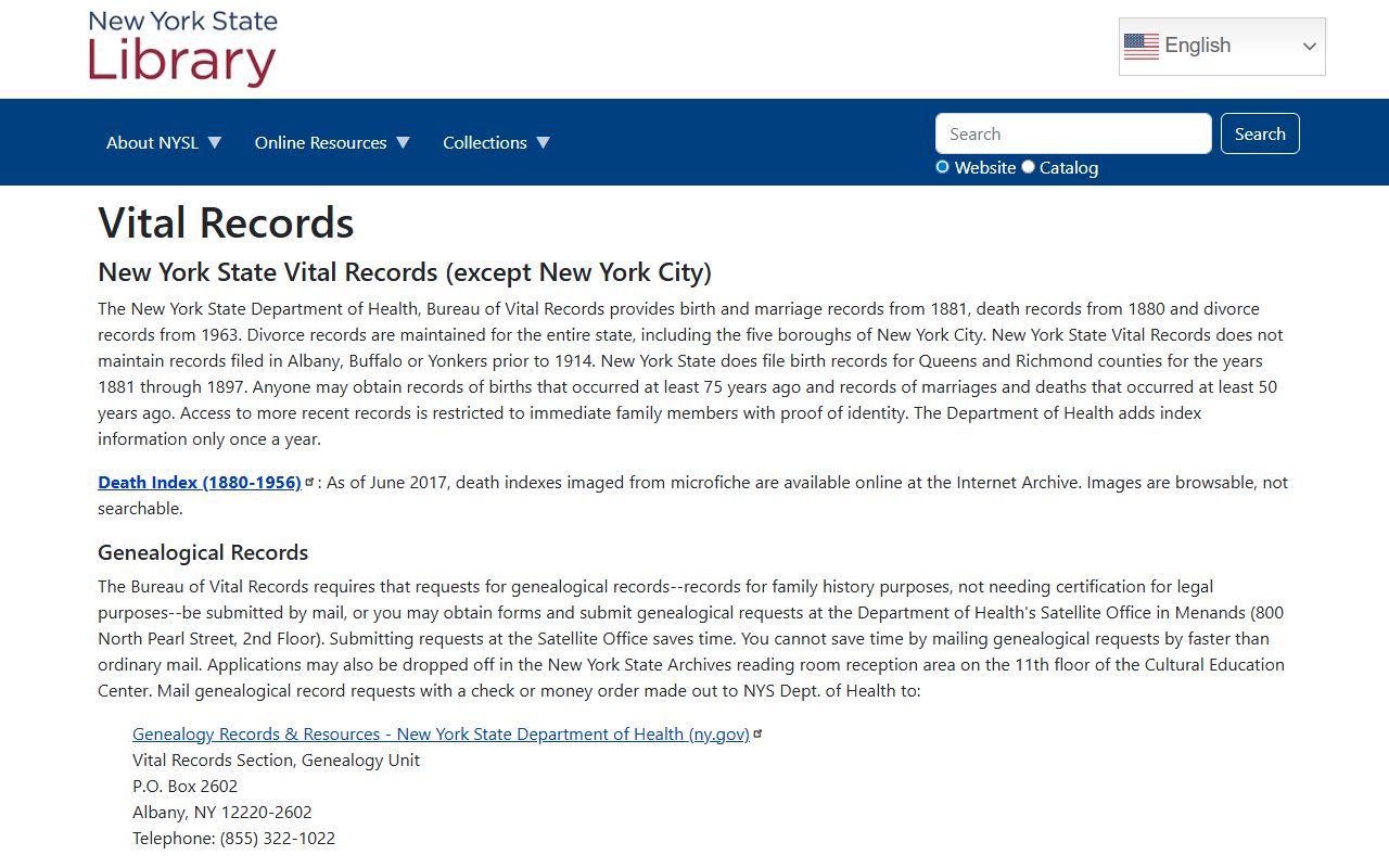 New York State Library vital records page with marriage license information